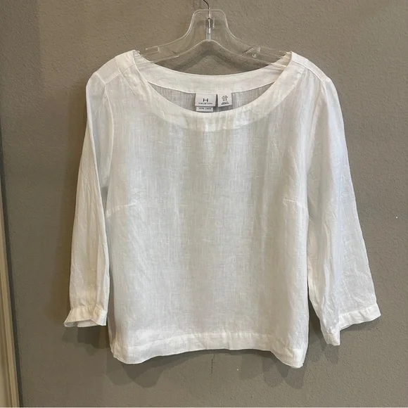 Halston White Linen Blouse Top 3/4 Sleeve Minimalist Summer US M - Picture 2 of 7